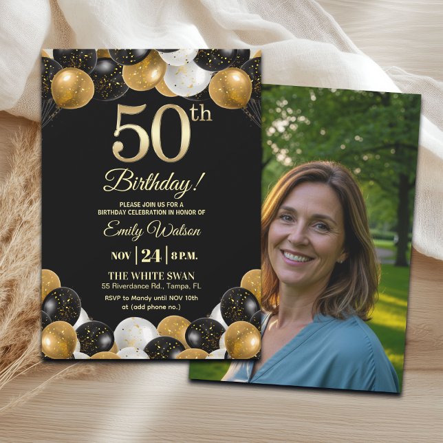 Invitación Elegant Black Gold Glitter 50th Birthday Photo (Subido por el creador)