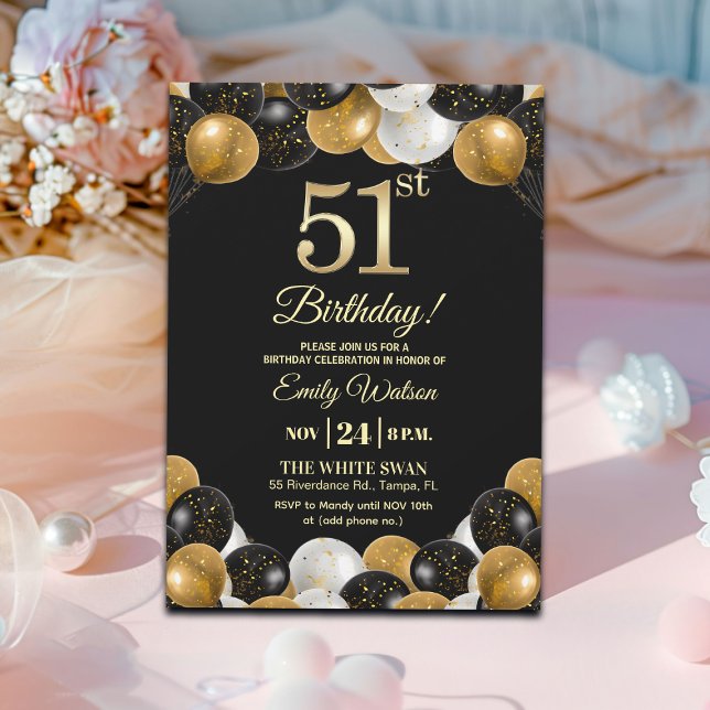 Invitación Elegant Black Gold Glitter 51st Birthday Party (Subido por el creador)