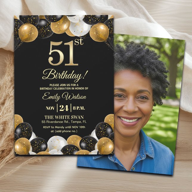Invitación Elegant Black Gold Glitter 51st Birthday Photo (Subido por el creador)