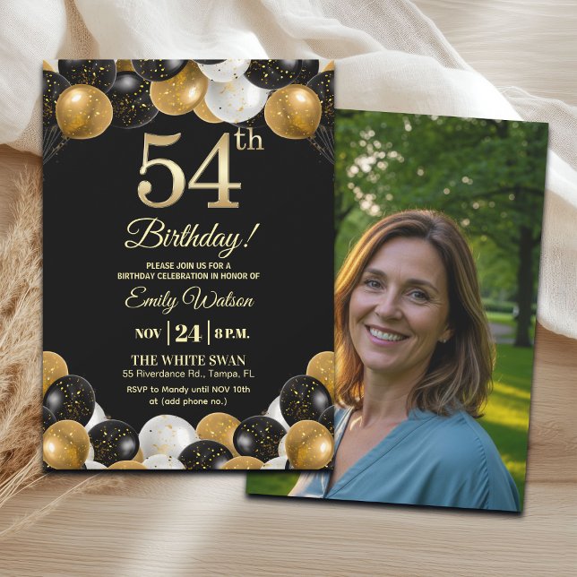 Invitación Elegant Black Gold Glitter 54th Birthday Photo (Subido por el creador)