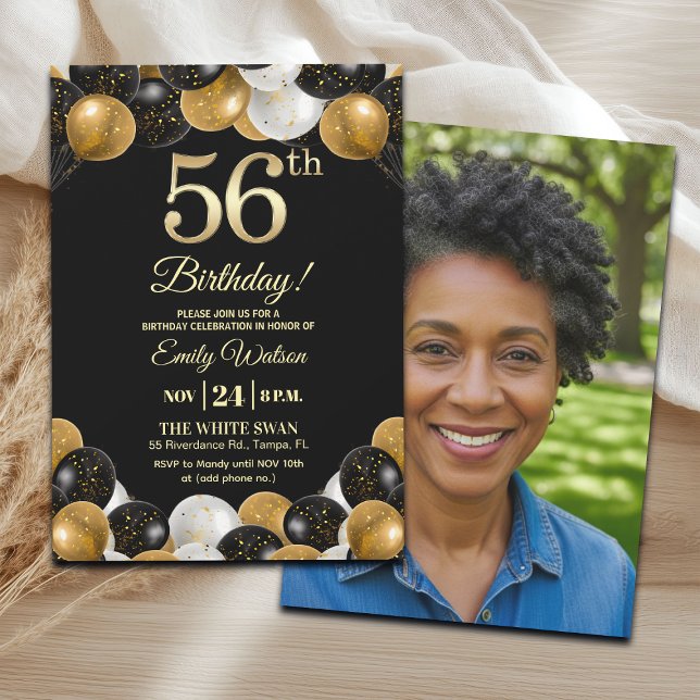 Invitación Elegant Black Gold Glitter 56th Birthday Photo (Subido por el creador)