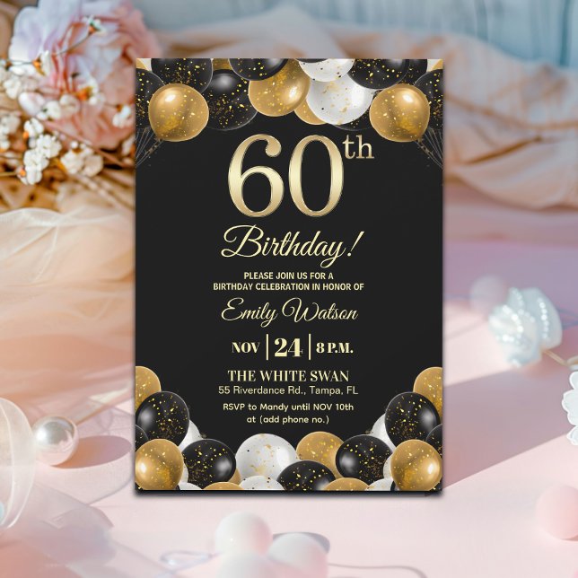 Invitación Elegant Black Gold Glitter 60th Birthday Party (Subido por el creador)