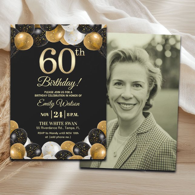 Invitación Elegant Black Gold Glitter 60th Birthday Photo (Subido por el creador)
