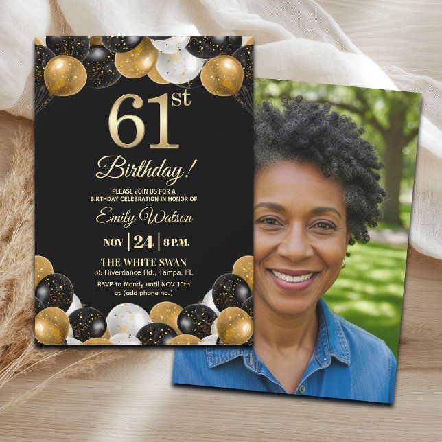 Invitación Elegant Black Gold Glitter 61st Birthday Photo (Subido por el creador)