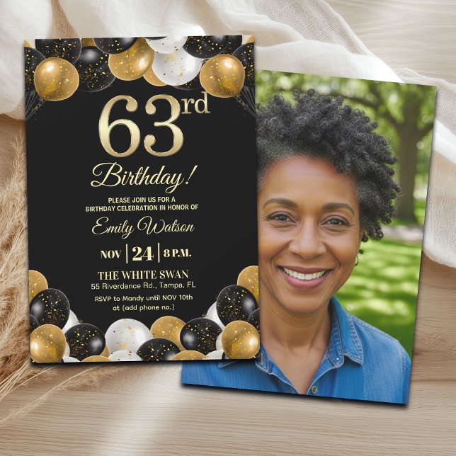 Invitación Elegant Black Gold Glitter 63rd Birthday Photo (Subido por el creador)