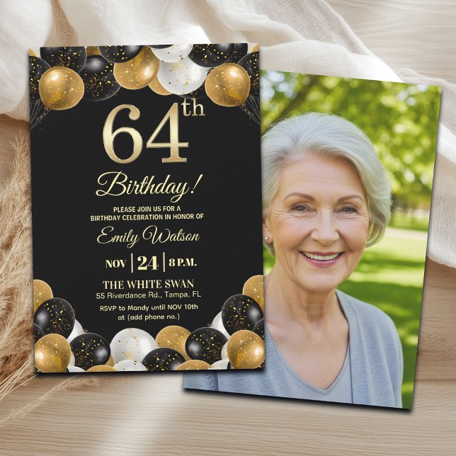 Invitación Elegant Black Gold Glitter 64th Birthday Photo (Subido por el creador)