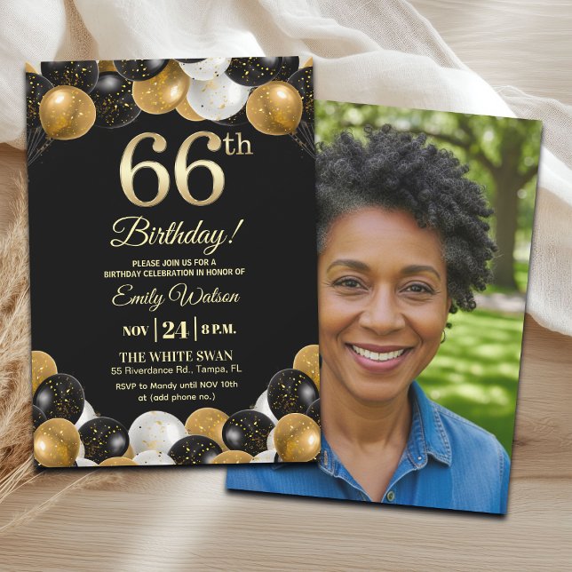 Invitación Elegant Black Gold Glitter 66th Birthday Photo (Subido por el creador)
