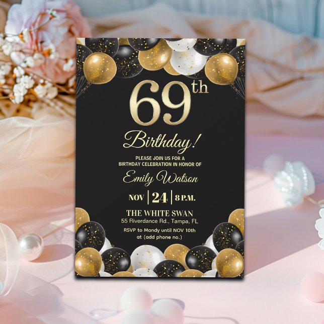 Invitación Elegant Black Gold Glitter 69th Birthday Party (Subido por el creador)