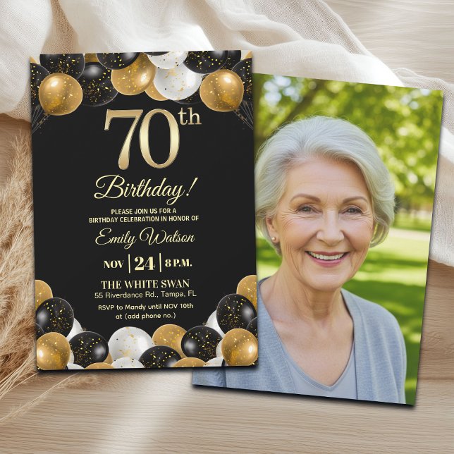 Invitación Elegant Black Gold Glitter 70th Birthday Photo (Subido por el creador)