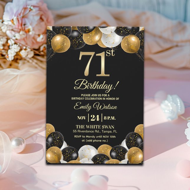 Invitación Elegant Black Gold Glitter 71st Birthday Party (Subido por el creador)