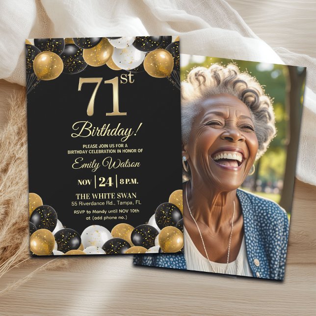 Invitación Elegant Black Gold Glitter 71st Birthday Photo (Subido por el creador)
