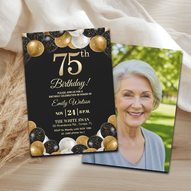 Invitación Elegant Black Gold Glitter 75th Birthday Photo (Subido por el creador)