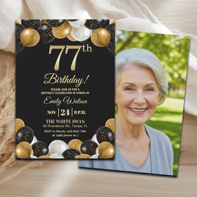 Invitación Elegant Black Gold Glitter 77th Birthday Photo (Subido por el creador)