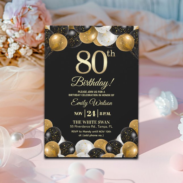 Invitación Elegant Black Gold Glitter 80th Birthday (Subido por el creador)