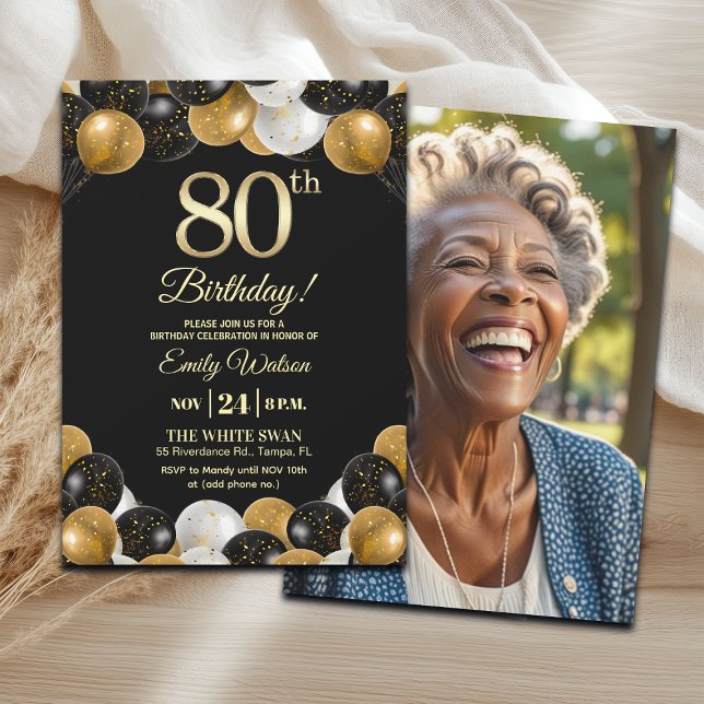 Invitación Elegant Black Gold Glitter 80th Birthday Photo (Subido por el creador)