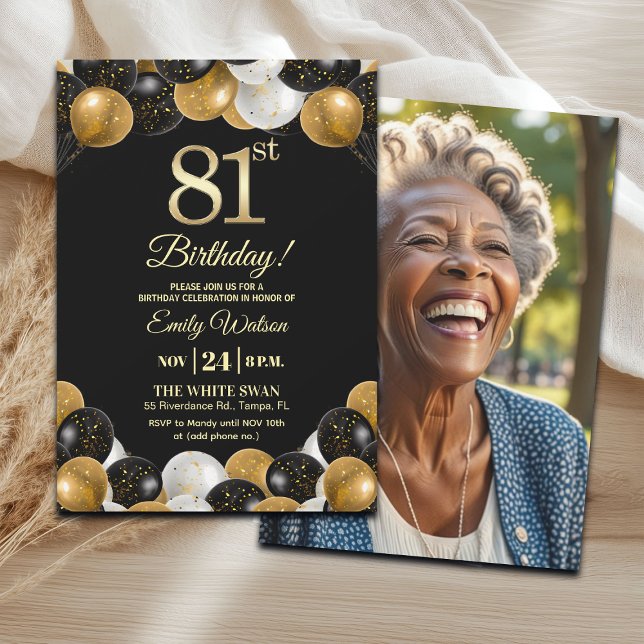 Invitación Elegant Black Gold Glitter 81st Birthday Photo (Subido por el creador)