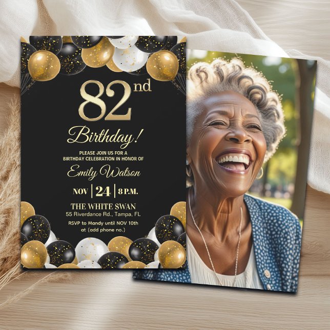 Invitación Elegant Black Gold Glitter 82nd Birthday Photo (Subido por el creador)