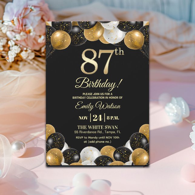 Invitación Elegant Black Gold Glitter 87th Birthday  (Subido por el creador)