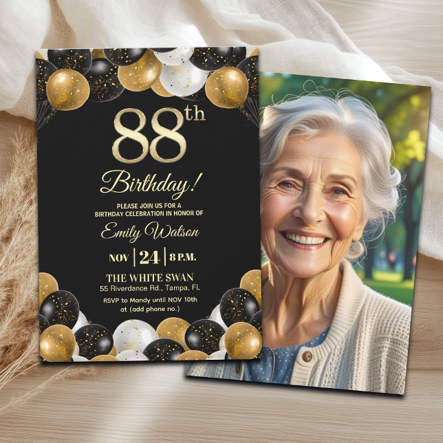 Invitación Elegant Black Gold Glitter 88th Birthday Photo (Subido por el creador)