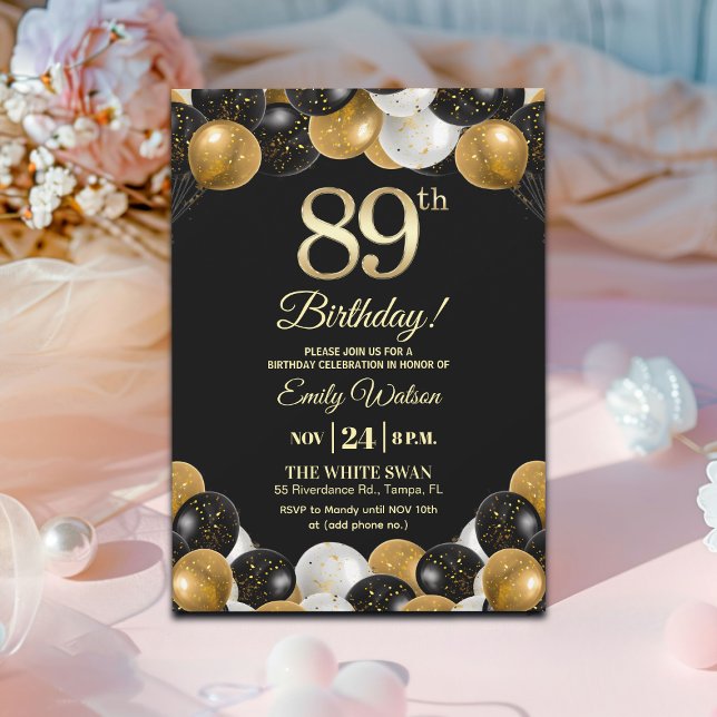 Invitación Elegant Black Gold Glitter 89th Birthday  (Subido por el creador)