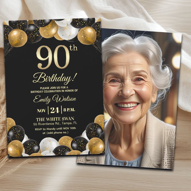Invitación Elegant Black Gold Glitter 90th Birthday Photo (Subido por el creador)
