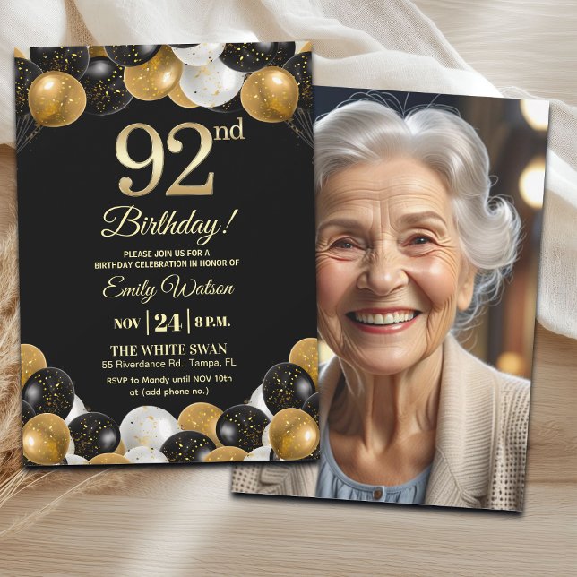 Invitación Elegant Black Gold Glitter 92nd Birthday Photo (Subido por el creador)
