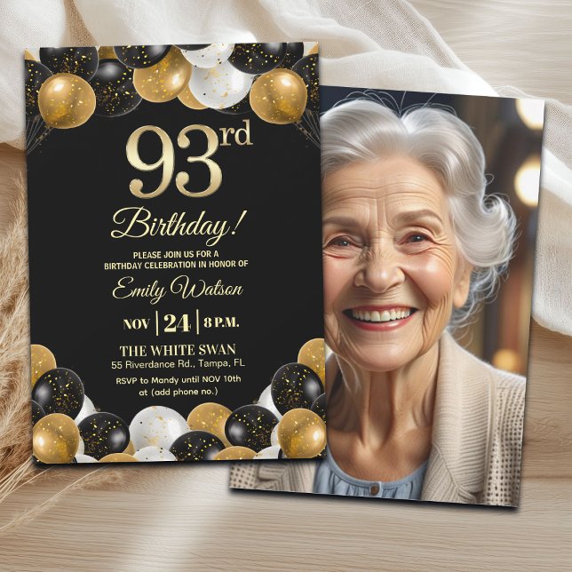 Invitación Elegant Black Gold Glitter 93rd Birthday Photo (Subido por el creador)