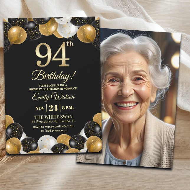 Invitación Elegant Black Gold Glitter 94th Birthday Photo (Subido por el creador)