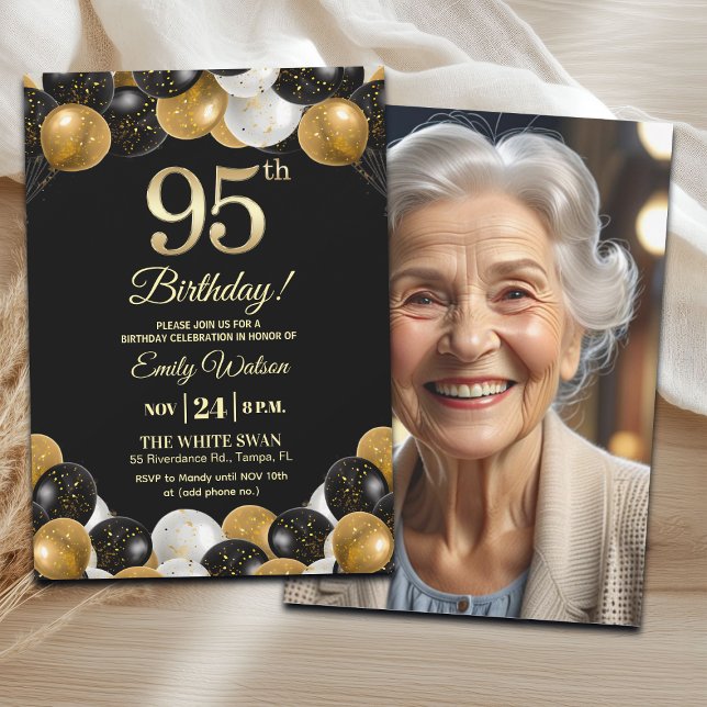 Invitación Elegant Black Gold Glitter 95th Birthday Photo (Subido por el creador)