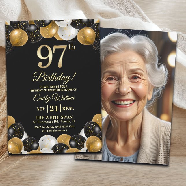 Invitación Elegant Black Gold Glitter 97th Birthday Photo (Subido por el creador)