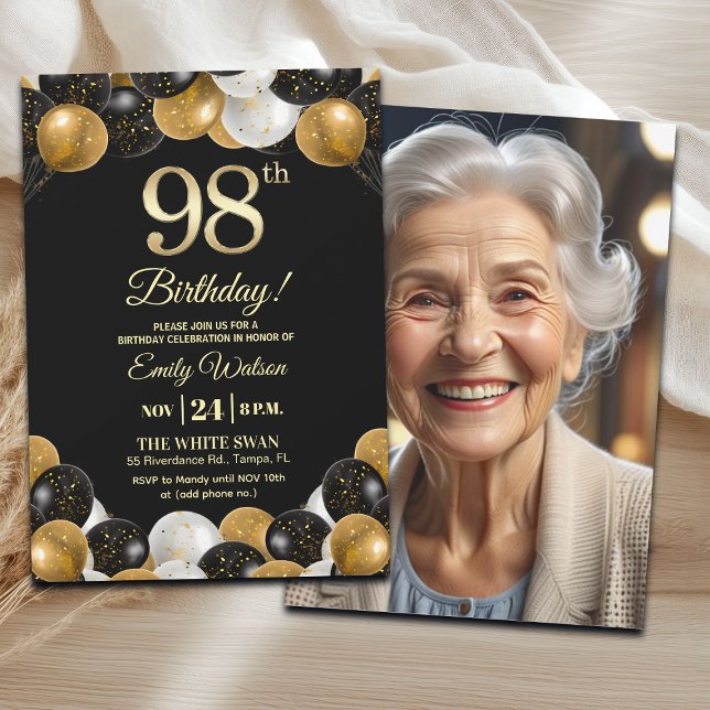 Invitación Elegant Black Gold Glitter 98th Birthday Photo (Subido por el creador)
