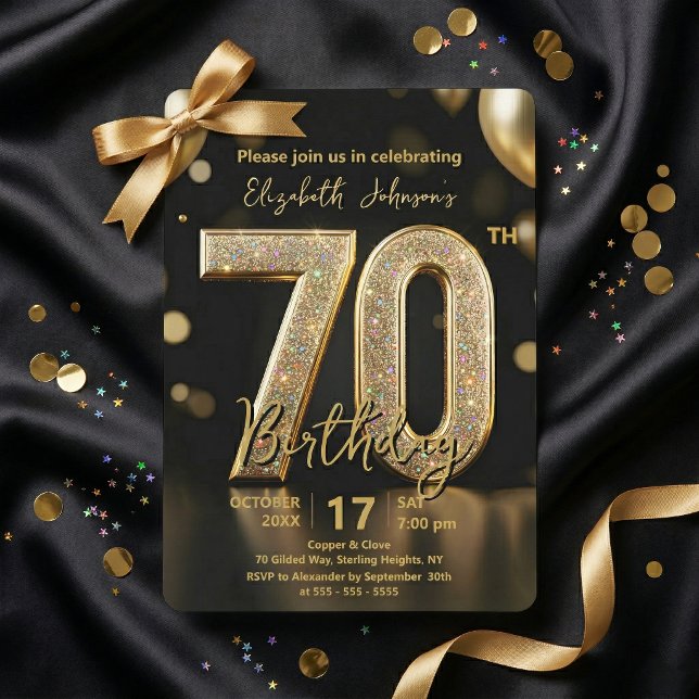 Invitación Elegant Black Gold Glitter Balloons 70th Birthday (Subido por el creador)