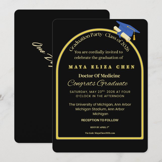Invitación Elegant Black & Gold Graduate Celebration Invite | (Anverso / Reverso)