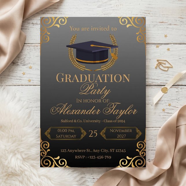 Invitación Elegant Black & Gold Graduation (Subido por el creador)
