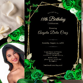 Invitación Elegant Black Gold Green Rose 18th Birthday Debut 