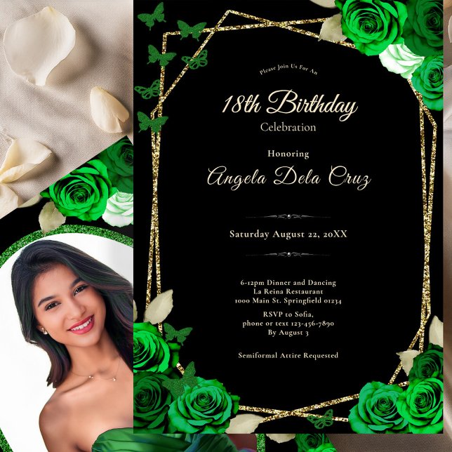 Invitación Elegant Black Gold Green Rose 18th Birthday Debut  (Subido por el creador)