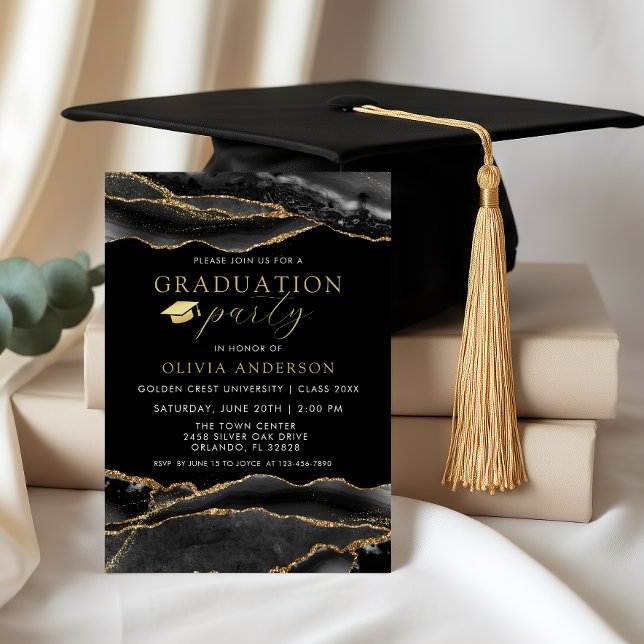 Invitación Elegant Black & Gold Marble Graduatio Party (Elegant Black and Gold agate Graduation Party Invitation)