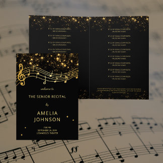 Invitación Elegant Black Gold Music Senior Recital Program