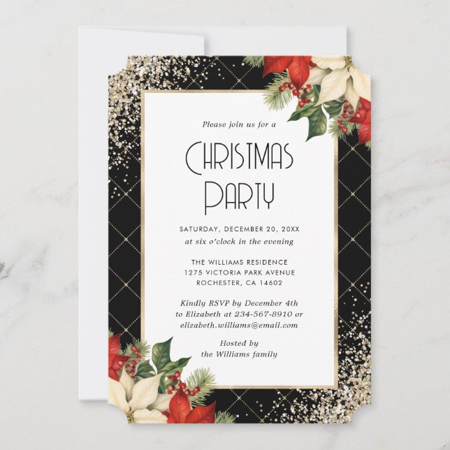 Invitación Elegant Black Gold Poinsettia Christmas Party (Anverso)
