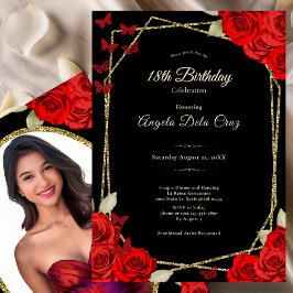 Invitación Elegant Black Gold Red Roses 18th Birthday Debut