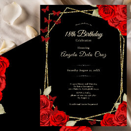 Invitación Elegant Black Gold Red Roses 18th Birthday Debut
