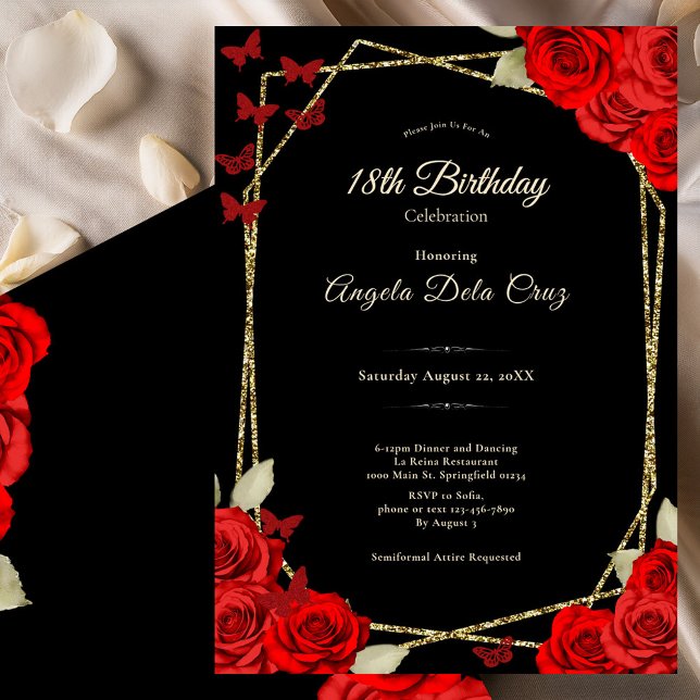 Invitación Elegant Black Gold Red Roses 18th Birthday Debut (Subido por el creador)