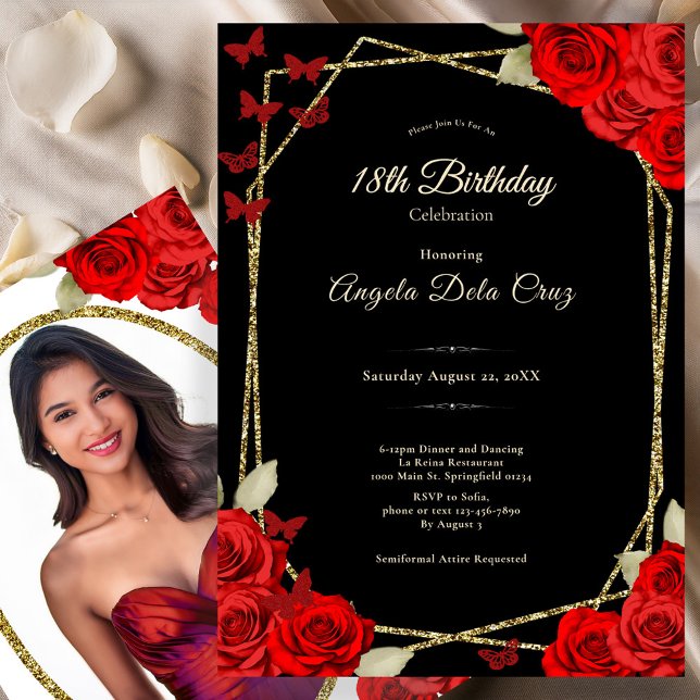 Invitación Elegant Black Gold Red Roses 18th Birthday Debut (Subido por el creador)