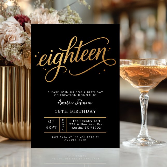 Invitación Elegant Black & Gold Script Eighteen 18th Birthday (Subido por el creador)