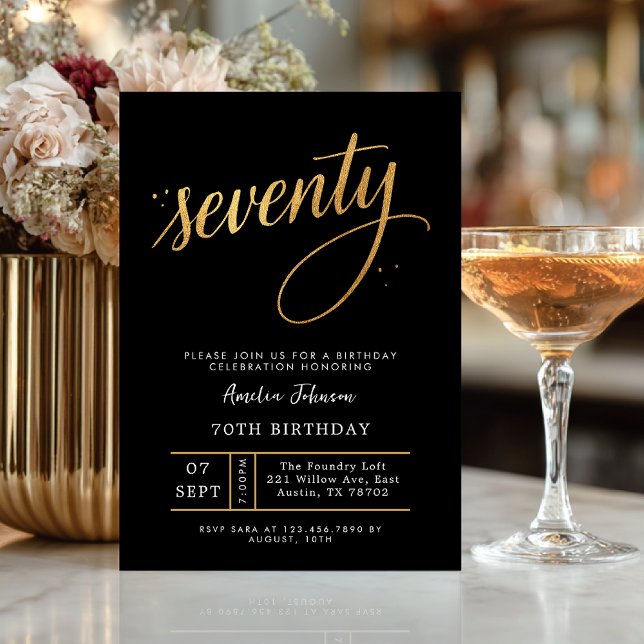 Invitación Elegant Black & Gold Script Seventy 70th Birthday  (Celebrate seventy in timeless style with this elegant black and gold invitation.)