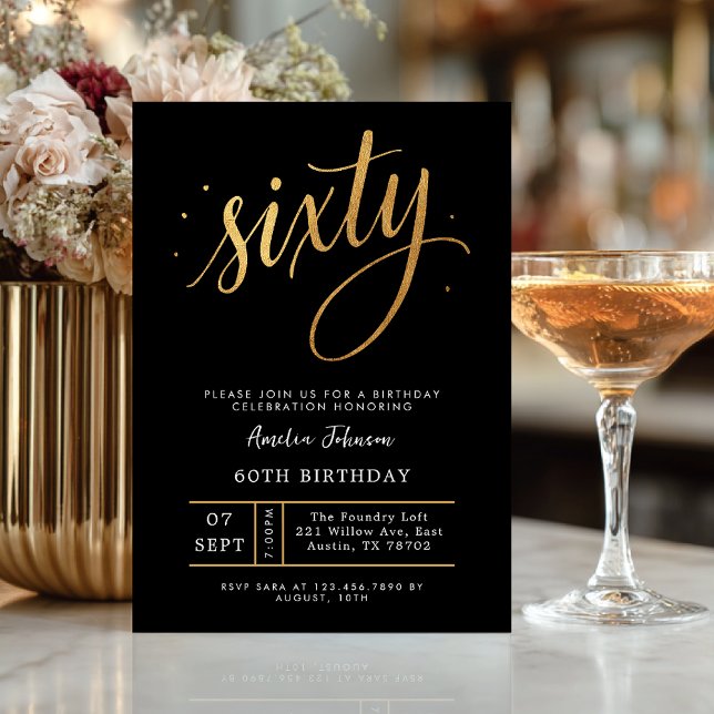 Invitación Elegant Black & Gold Script Sixty 60th Birthday  (Celebrate sixty in elegant style with this luxurious black and gold invitation.)