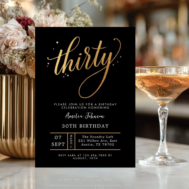 Invitación Elegant Black & Gold Script Thirty 30th Birthday (Subido por el creador)