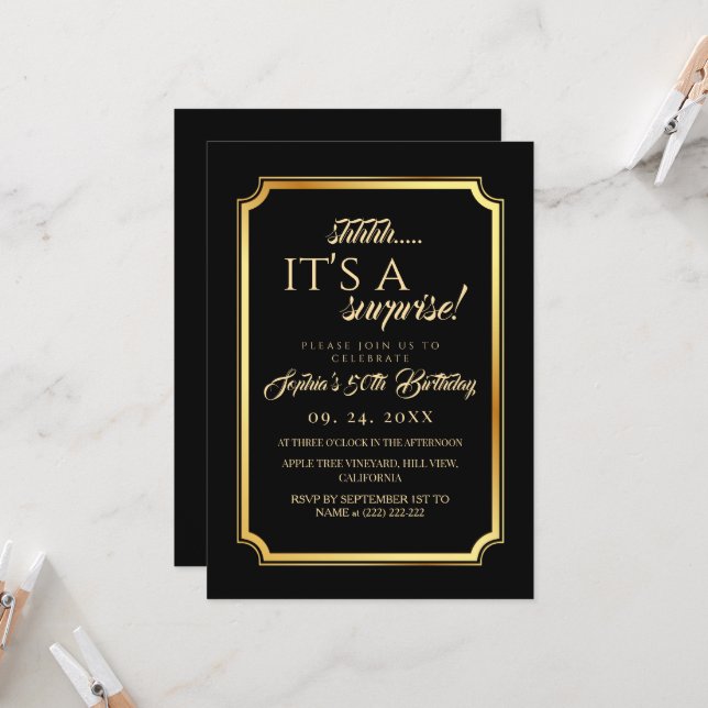 Invitación Elegant Black Gold Surprise 50th Birthday Party (Anverso/Reverso In Situ)