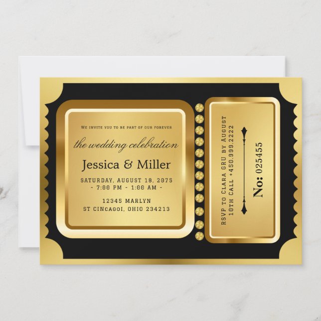 Invitación Elegant Black & Gold Ticket Wedding Invitation (Anverso)
