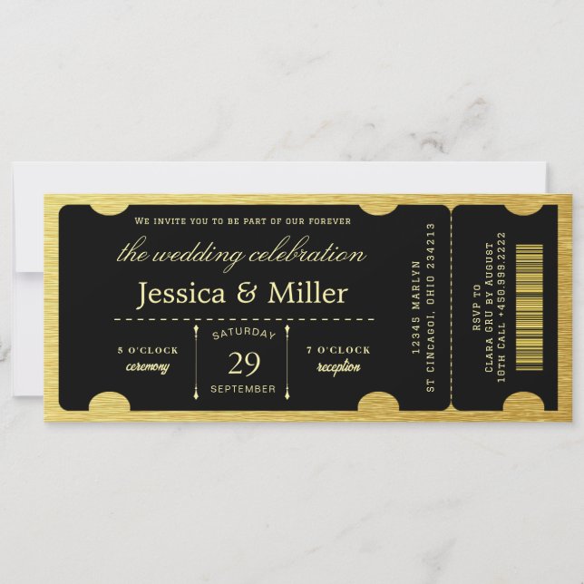 Invitación Elegant Black & Gold Ticket Wedding Invitation (Anverso)